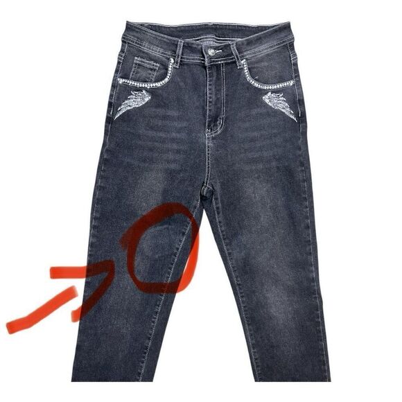 Women Grey Skull Wings Rhinestone Embroidered Stretch Denim Straight Jeans M - Picture 6 of 10